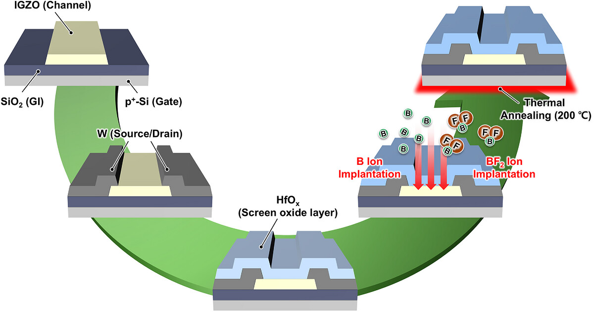 Concept diagram of the fabrication process for B and BF2 ion implanted IGZO TFTs