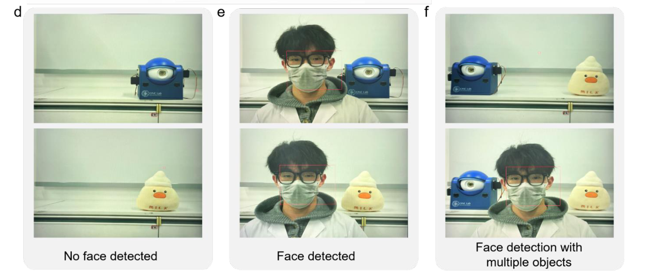 Three photographs of the real-time face detection demonstration: no face detected, face detected, and a face detected among several objects