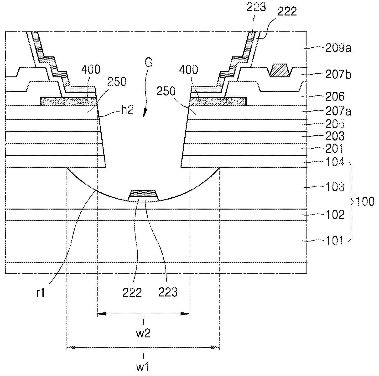 Figure from US11,889,720 (FIG. 10). A cross-section of the double groove structure carved along the hole edge, physically severing the organic layer to block the moisture penetration path