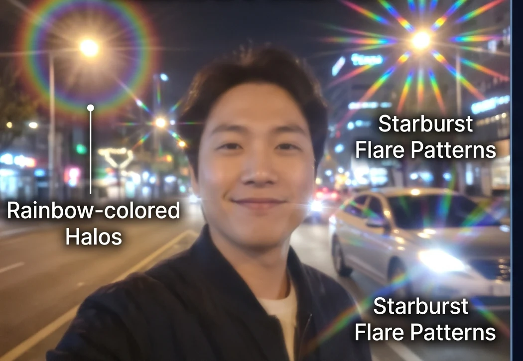 A simulated selfie image with the blur, flare and halo made by diffraction overlaid