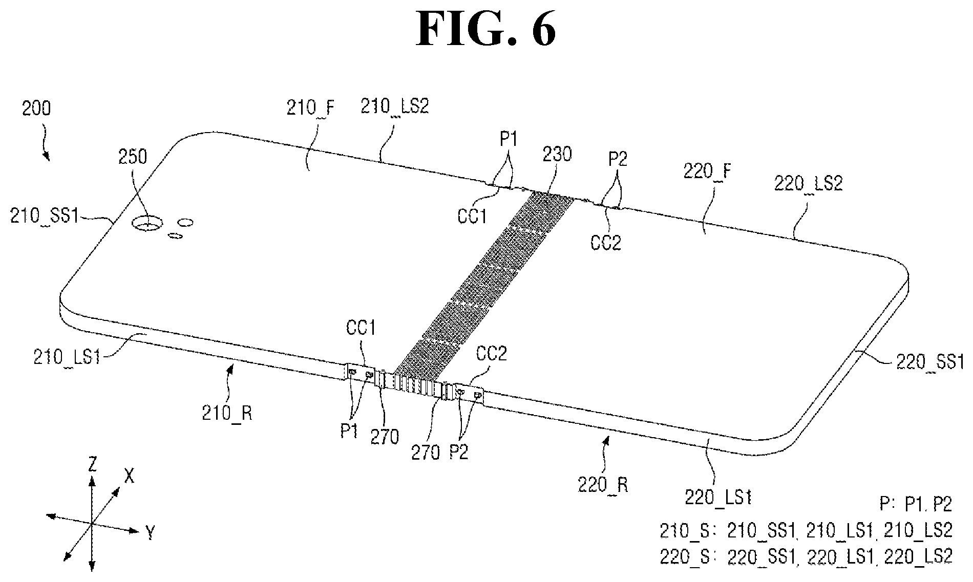 Figure from US11,812,566 (FIG. 6). The diagonally hatched band (reference 230) drawn across the foldable plate is the pattern portion overlapping the folding axis