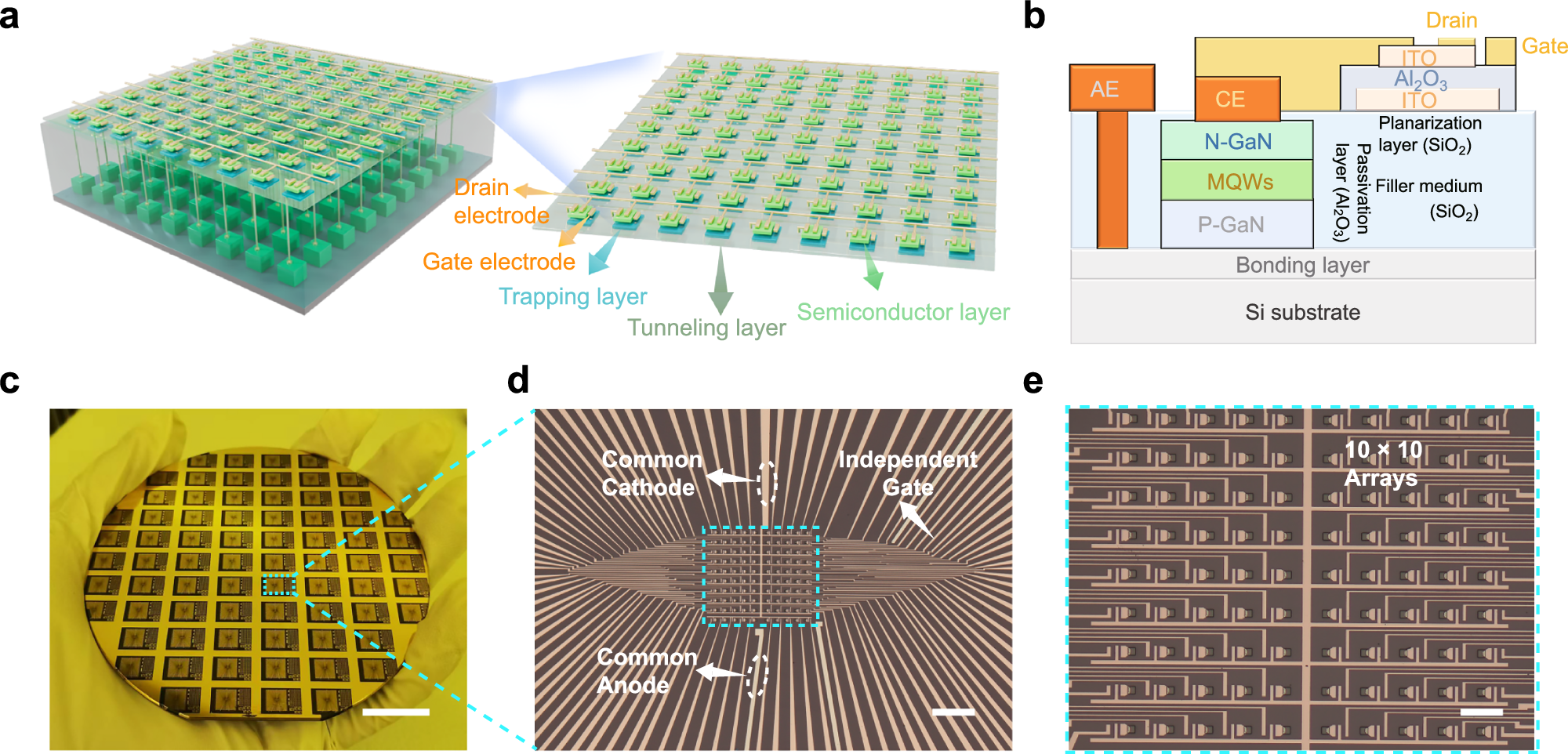 INDIS concept diagram. The 1M1D structure stacking a Micro-LED and a transparent floating gate memory vertically, with wafer and array photographs