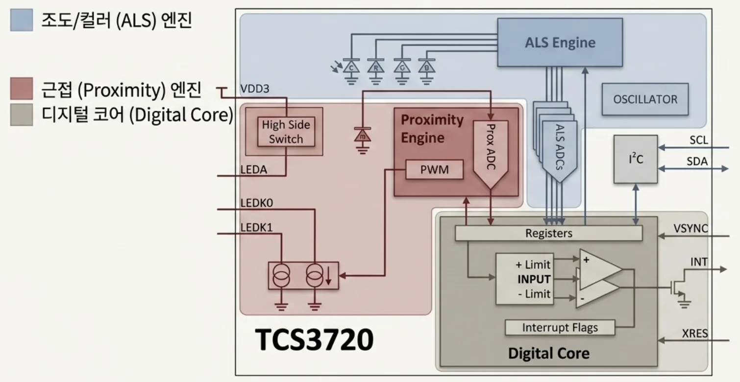 Block diagram of the ams TCS3720, with the ALS engine, proximity engine and digital core