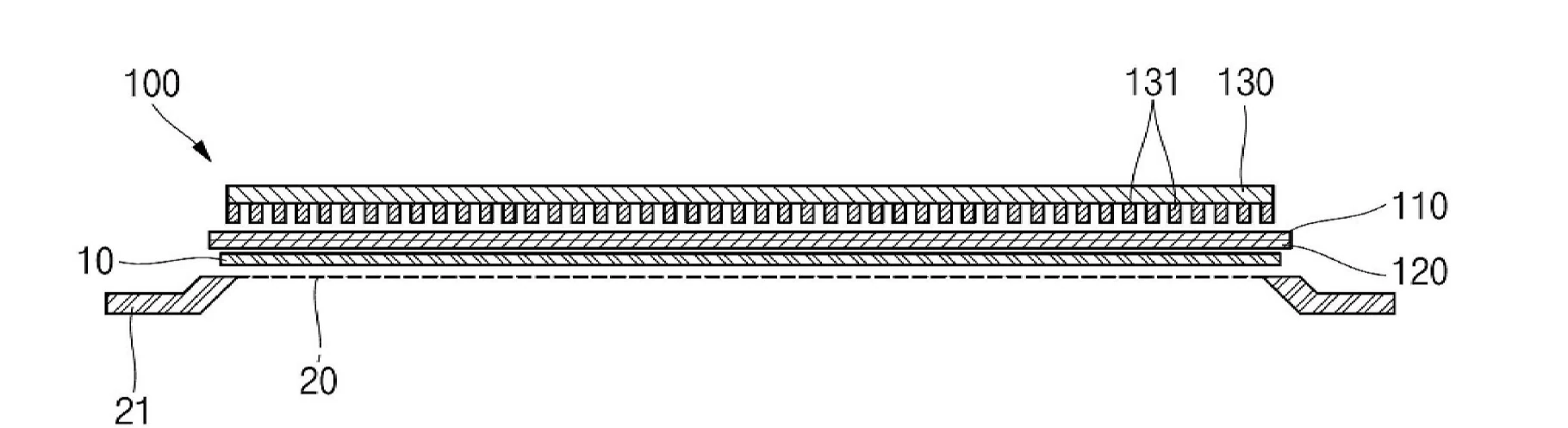 Cross-section with the yoke plate, titanium cooling plate, electrostatic chuck, glass substrate and mask suspended downward