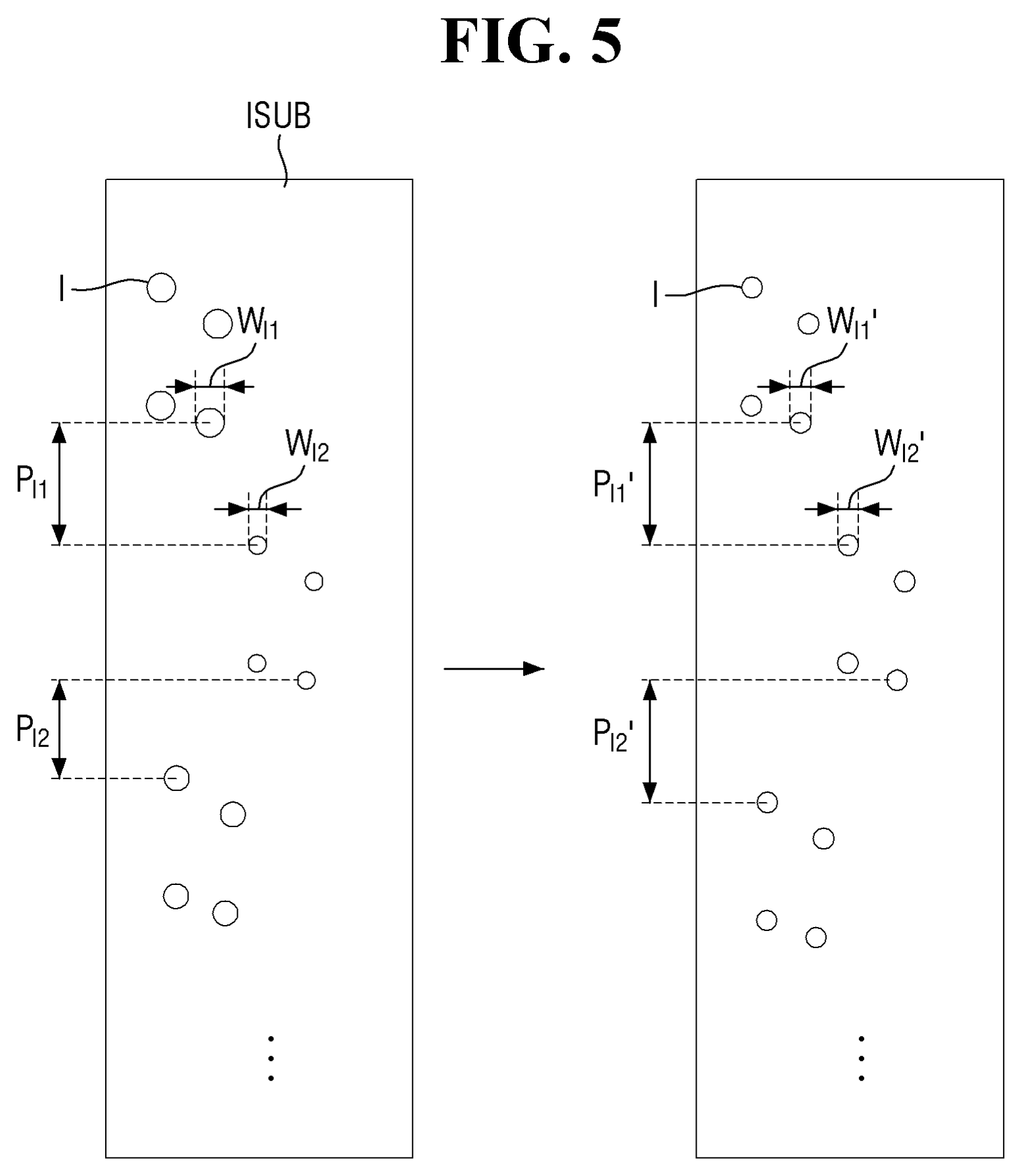 Two plan views in which small circles scattered on a substrate are rearranged at even spacing on the right