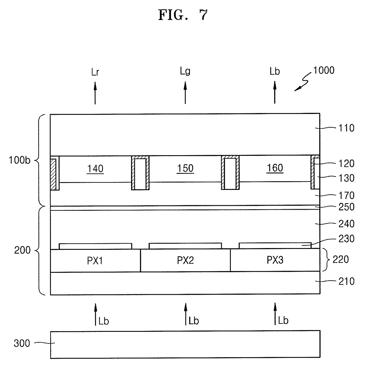 US10185066 FIG. 7: a backlight 300 under a liquid crystal panel 200, with color filter 100b on top.