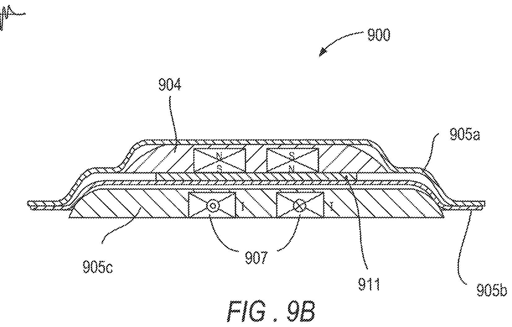 Figure 9B of patent US10,659,885. A cross-section of the flat module viewed from the side: two pairs of magnets with alternating polarity sit at the center, top and bottom, with layers stacked between and around them. Reference numeral 904 denotes the moving part; 905a, 905b, and 905c denote the housing and suspension sections; 907 denotes the coil; and 911 denotes the layer sandwiched in between.