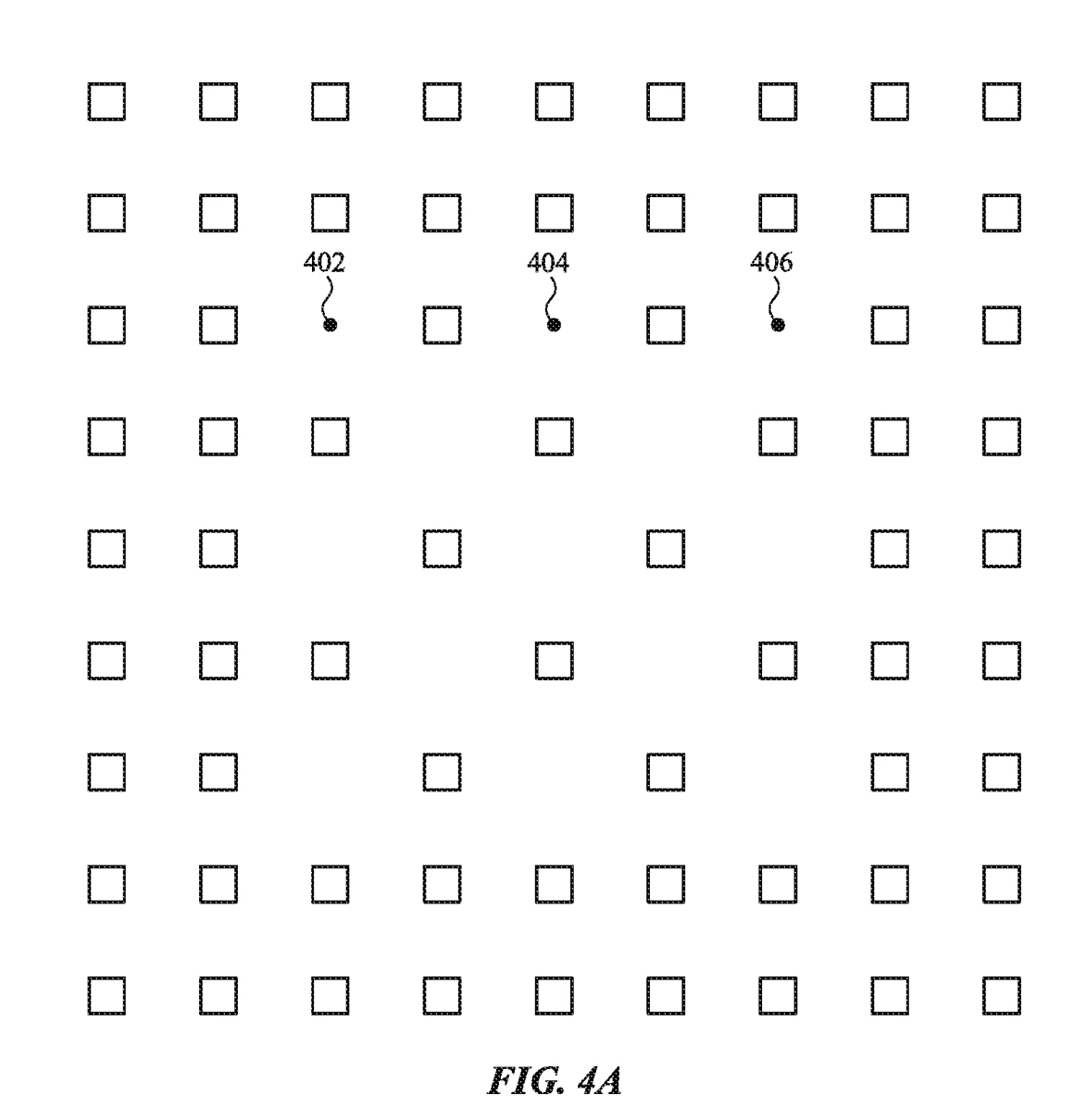 Apple patent drawing FIG. 4A: a 9 by 9 grid of square pixels. In the central region, pixels are omitted every other position and the omitted positions are offset from row to row, labelled 402, 404 and 406.