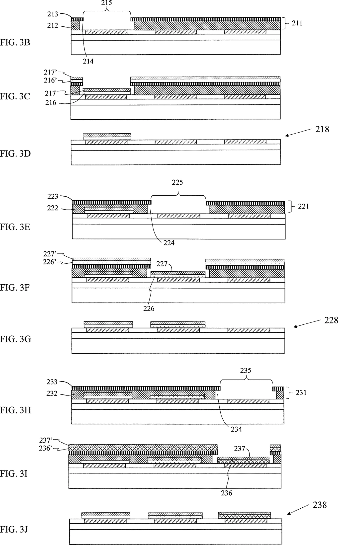 Orthogonal patent drawings FIG. 3B to 3J stacked in order. 3B: first lift-off structure 211 with opening 215 over the first bottom electrode. 3C: first organic layer 216 and top electrode 217 deposited, with copies 216' and 217' on the lift-off structure. 3D: lift-off leaves the first stack 218 only on the first electrode. 3E to 3G repeat this for the second electrode with lift-off structure 221 and stack 228. 3H to 3J repeat it for the third electrode with lift-off structure 231 and stack 238.