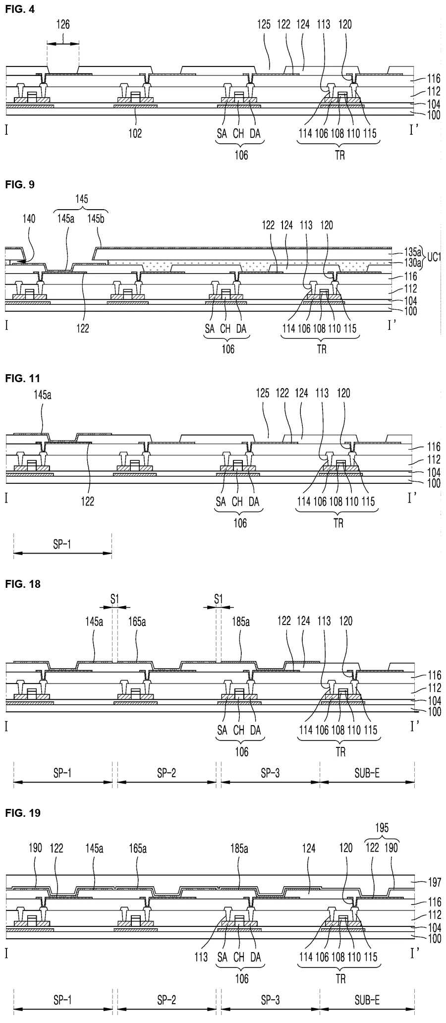 Five LG Display patent cross-sections stacked vertically. FIG. 4: bottom electrodes 122 with the bank 124 covering their edges. FIG. 9: the first organic layer 145 deposited through undercut structure UC1, pattern 145a over the first sub-pixel and 145b on the resist. FIG. 11: after lift-off only pattern 145a remains on SP-1. FIG. 18: patterns 145a, 165a and 185a on SP-1, SP-2 and SP-3, no cathode yet. FIG. 19: common cathode 190 over all three and encapsulation 197.
