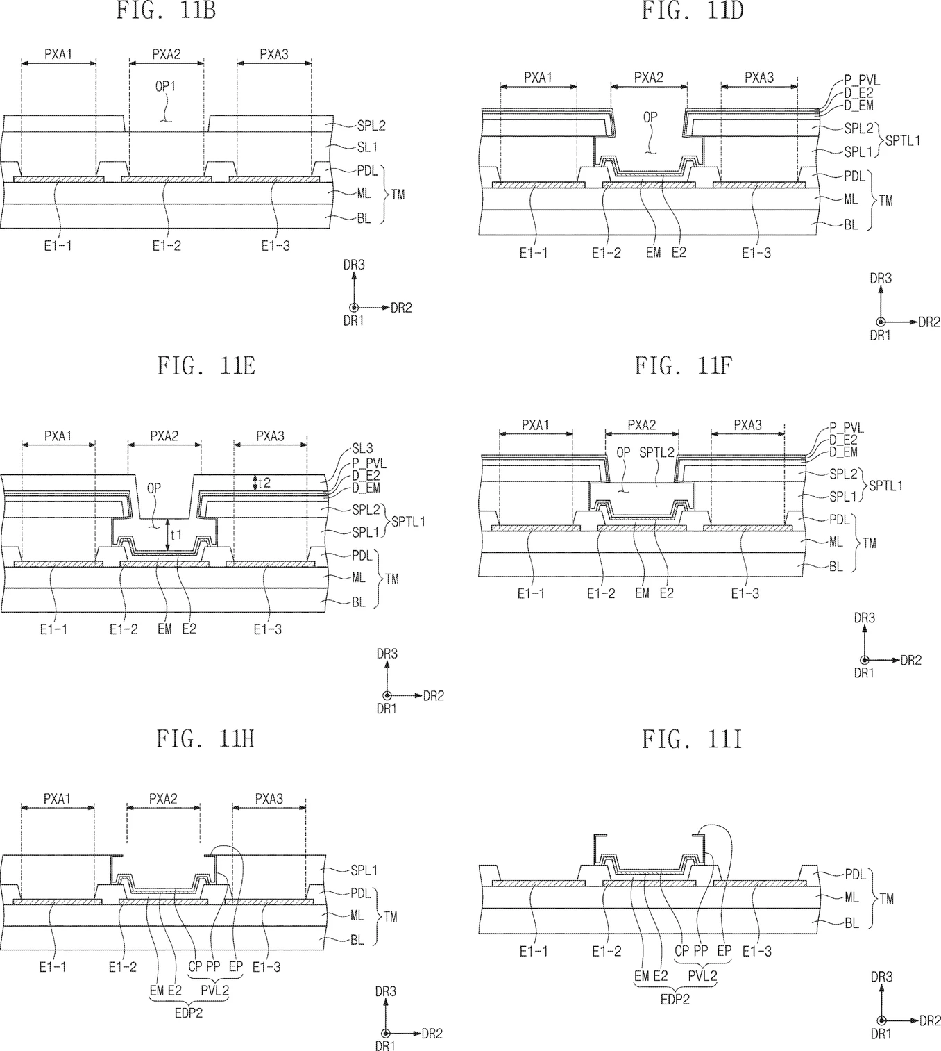 Samsung Display patent drawings in two columns, FIG. 11B, 11D, 11E, 11F, 11H and 11I. A two-layer pattern with an undercut opens over pixel area PXA2. The light-emitting layer EM, electrode E2 and a protection layer are deposited, with dummy copies on top of the pattern. A photosensitive layer covers the opening, the dummy layers are etched, the pattern layers are removed, and the light-emitting element pattern EDP2 remains.