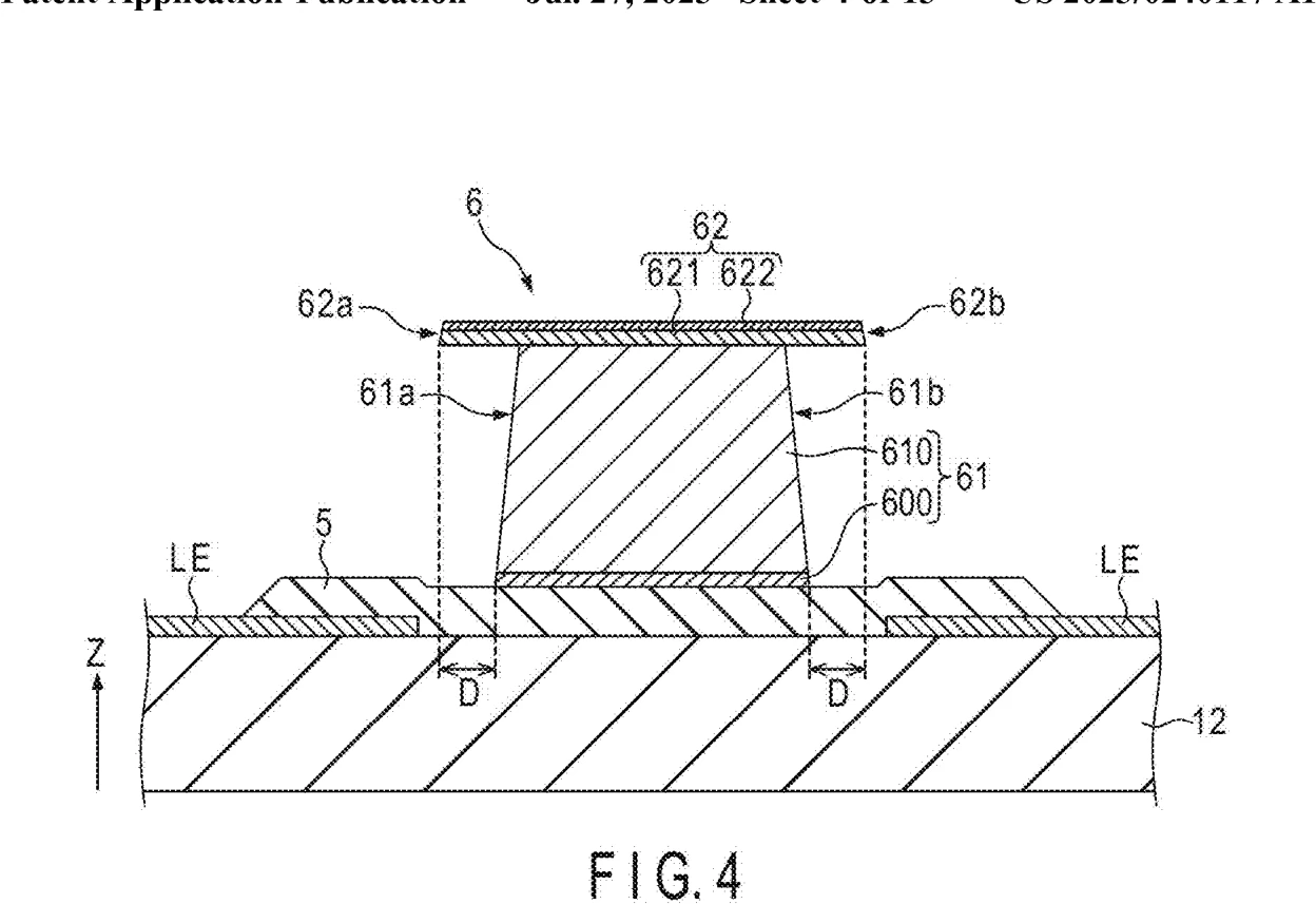 JDI patent drawings: FIG. 4 shows a partition 6 on a rib 5, with a lower portion 61 and an upper portion 62 whose ends 62a and 62b protrude beyond the lower portion. FIG. 5 shows an enlarged view of the protruding end.